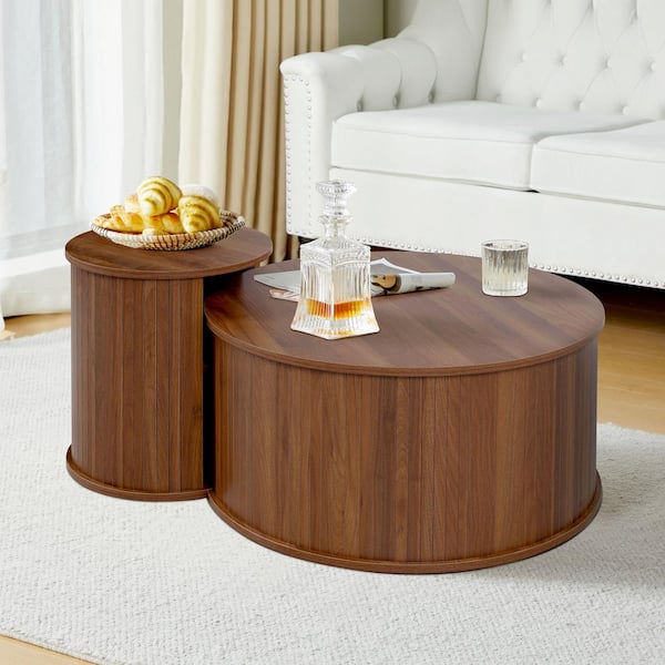 ATHMILE Walnut 29.13 in. W Round Wood Storage Coffee Table Set