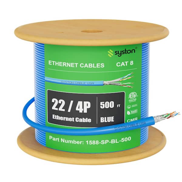 500 ft. Blue CAT8 CMR 22 AWG Ethernet Bulk Raw Cable - 2000MHz Solid Bare Copper Tinned Copper Braid Shielded Data wire