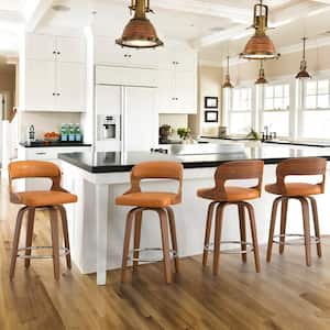 Edwards 26 in.Whiskey Brown Faux Leather Swivel Bar Stool with Solid Walnut Wood Frame Bentwood Counter Stool 4-pack
