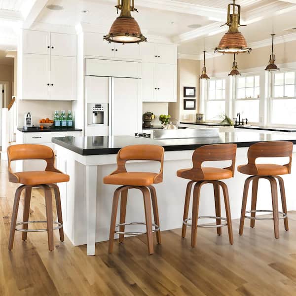 cozyman Edwards 26 in.Whiskey Brown Faux Leather Swivel Bar Stool with Solid Walnut Wood Frame Bentwood Counter Stool 4-pack