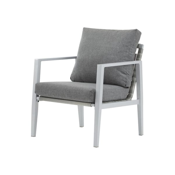 Sudzendf Silver Frame Modern Aluminum Outdoor Lounge Chair with Rope Accents and Gray Cushions