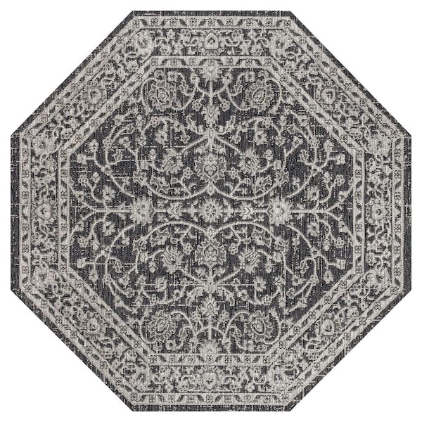 Palazzo Vine and Border Textured Weave Black/Gray 5 ft. Octagon Indoor/Outdoor Area Rug