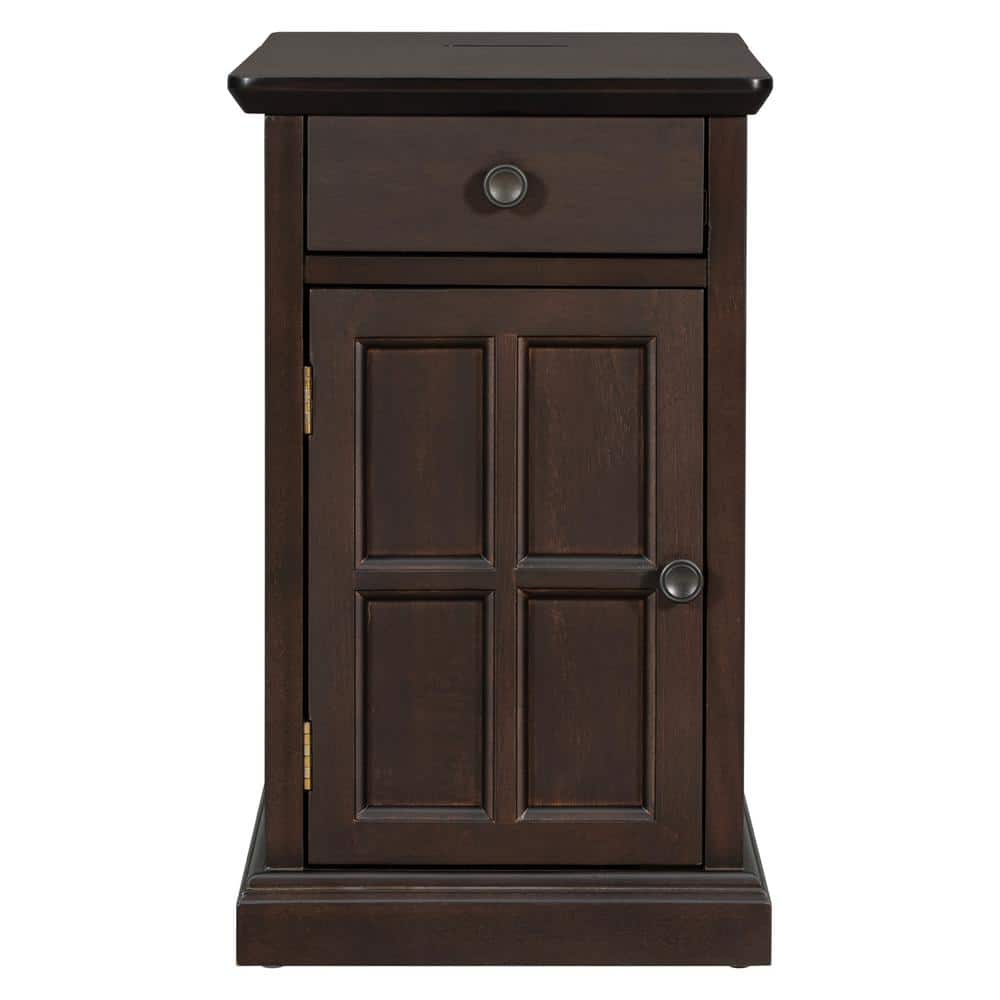 14 in. Antique Brown Rectangle Solid Wood End Table Side Table with USB Ports, Drawer, Cup Holders, No Assembly Need - thumbnail 7