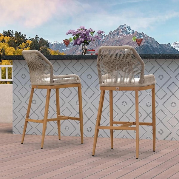 PURPLE LEAF Modern Aluminum Twill Wicker Woven Counter Height Outdoor Bar Stool with Back and Sunbrella White Cushion (2-Pack)
