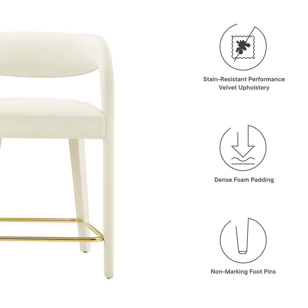 Ivory Gold Velvet Upholstered Counter Stools with Metal Footrest, Set of Two