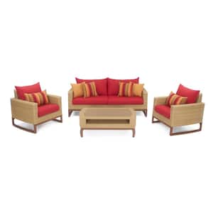 Mili 4-Piece Wicker Patio Conversation Deep Seating Set with Sunbrella Sunset Red Cushions
