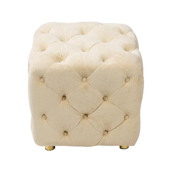 IDEAGLE Modern Beige Velvet Upholstered Square 18.1 in. Tufted Button Exquisite Ottoman Soft Foot Stool Dressing Makeup Chair