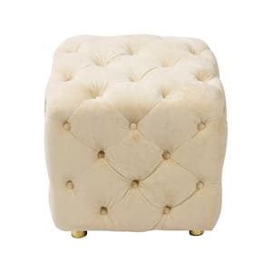 Modern Beige Velvet Upholstered Square 18.1 in. Tufted Button Exquisite Ottoman Soft Foot Stool Dressing Makeup Chair