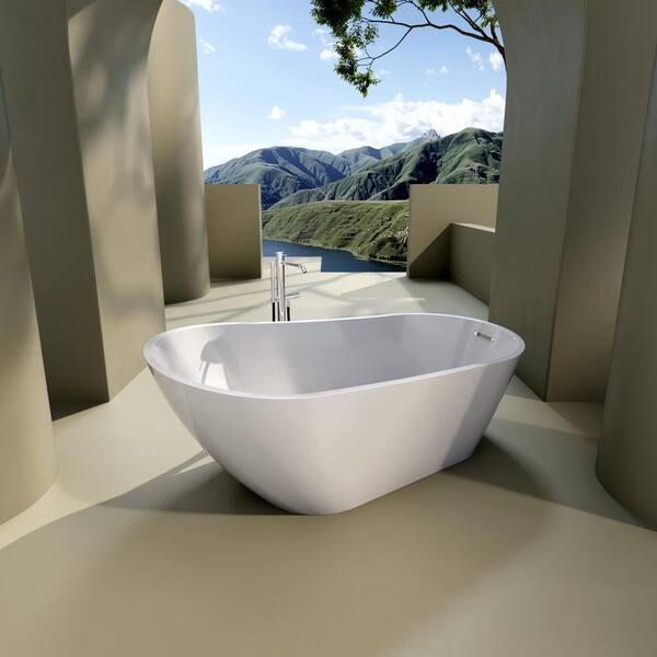 MYCASS 63 in. x 32 in. Acrylic Freestanding Soaking Flatbottom Bathtub Non-Whirlpool Single Slipper in White