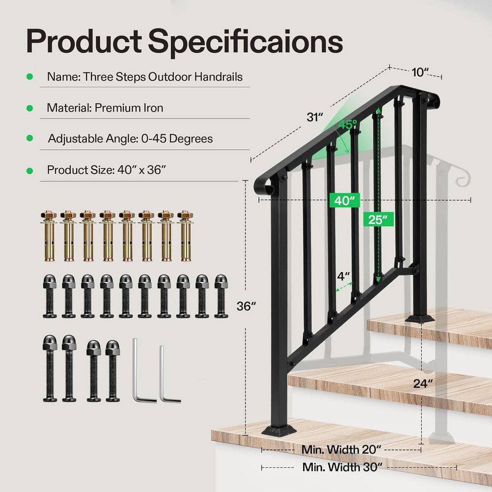 VIVOSUN 3-4 Step Black Wrought Iron Stair Handrail Kit