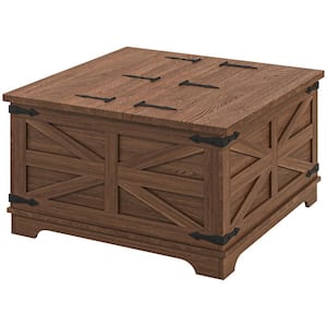 Farmhouse Coffee Table 31.5 in. Distressed Brown Rectangle Composite Coffee Table with Hinged Lift Top, Hidden Space