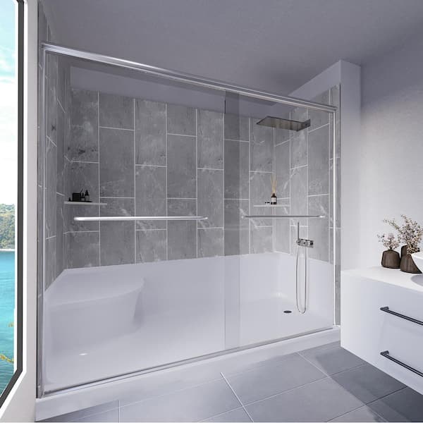 NuVo Platinum Grey-Rainier 60 in. x 32 in. x 83 in. Base/Wall/Door Seated Base Alcove Shower Stall/Kit Chrome Right