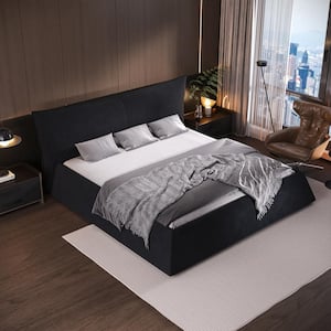 High End Black Wood Frame King Size Velvet Upholstered Platform Bed with Special Shaped Headboard, Solid Wood Slats