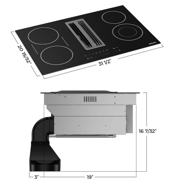 Chef Collection 31.5 in. 4-Elements Downdraft Radiant Ceramic Electric Cooktop in Black with Vent, 330 CFM , 220-Volt