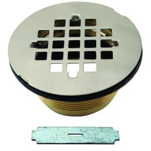 2 in. No-Caulk Brass Compression Shower Drain with 4-1/4 in. Round Grid Cover, Stainless Steel