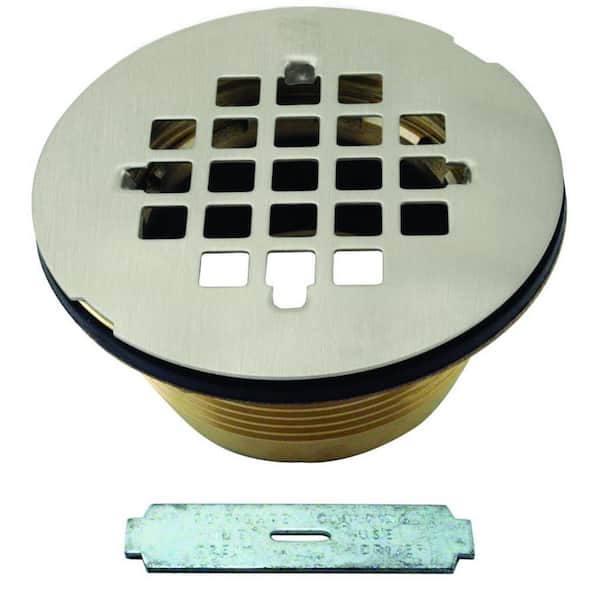 Westbrass 2 in. No-Caulk Brass Compression Shower Drain with 4-1/4 in. Round Grid Cover, Stainless Steel