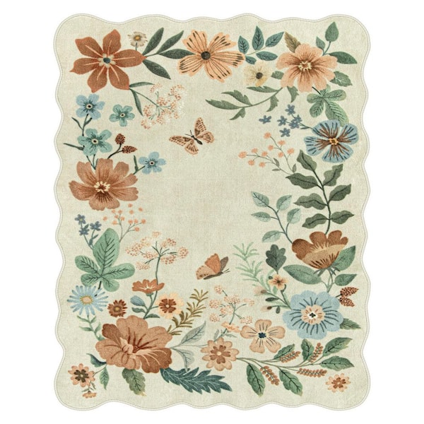 Washable Farmhouse Floral Print Wave-shape Beige 8 ft. x 10 ft. Living Room Bedroom Area Rug