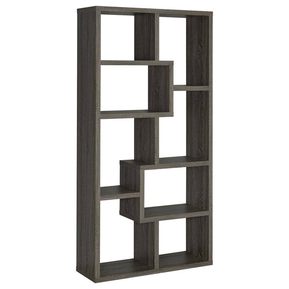 Transitional Geometric 10-Shelf Bookcase in Weathered Gray