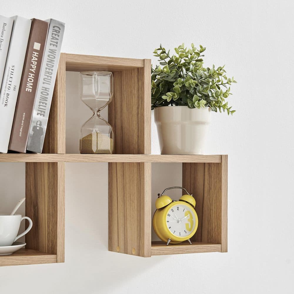 Chestnut Light Wood Floating Wall Shelf with Cubby Holes