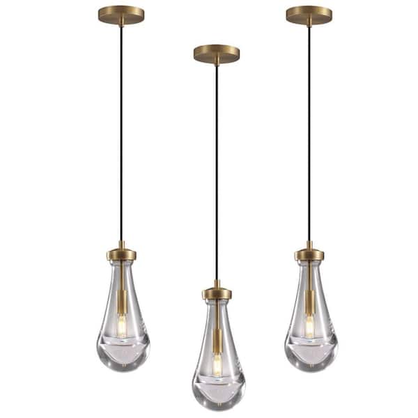 72 in. H 1-Light Dimmable Raindrop Brass Kitchen Island Pendant Light, Teardrop Glass Pendant Light Living Room(3-Piece)