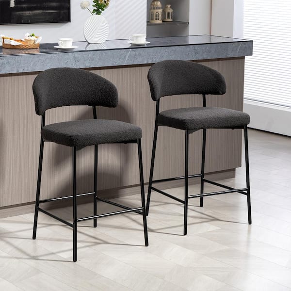 Glamour Home Bennett Black Boucle Upholstered Fabric Counter Height Bar Stool with Black Iron Legs, (Set of 2)