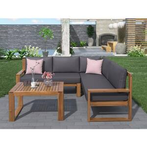 3-Piece Wood Patio Conversation Sectional Seating Set with Gray Cushions