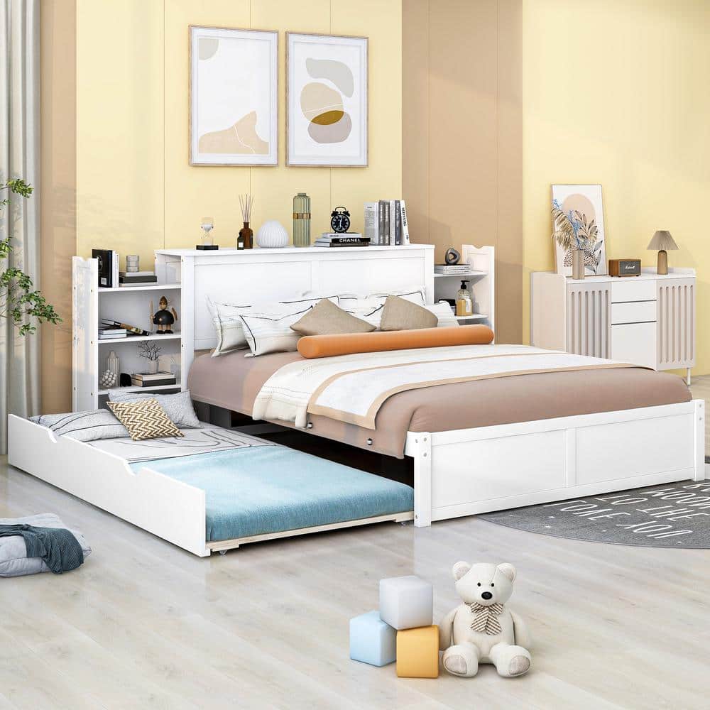 Harper & Bright Designs White Wood Frame Queen Size Platform Bed with Pull Out Shelves and Twin Size Trundle