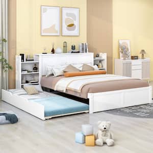 White Wood Frame Queen Size Platform Bed with Pull Out Shelves and Twin Size Trundle