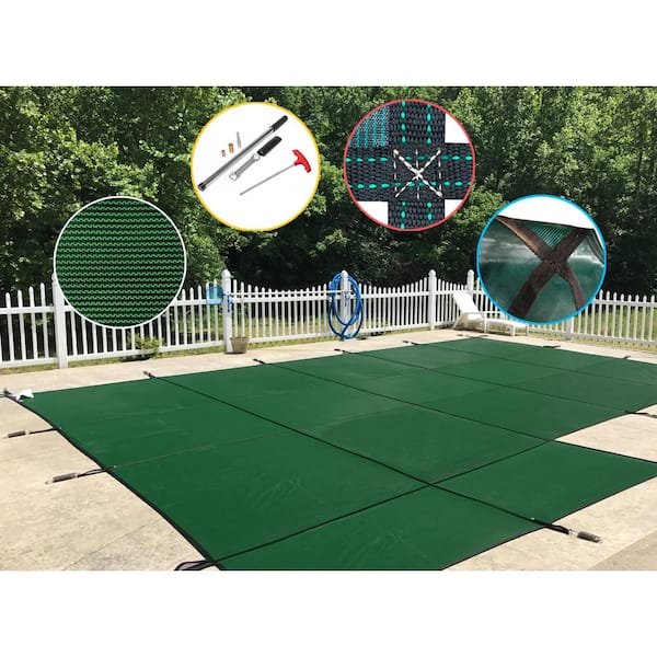 Water Warden 16 ft. x 32 ft. Rectangle Green Mesh In-Ground Safety Pool Cover Left Side Step, ASTM F1346 Certified