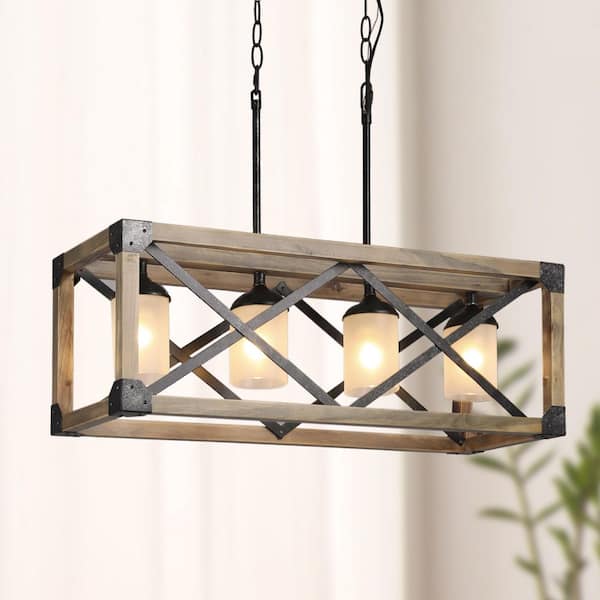 Farmhouse Dining Room Chandelier 4-Light Brown Wood Kitchen Island Pendant with White Frosted Glass Raw Iron Accents