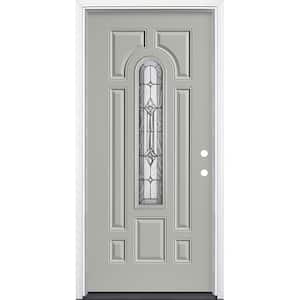 36 in. x 80 in. Providence Center Arch Silver Cloud Left Hand Inswing Painted Steel Prehung Front Door with Brickmold