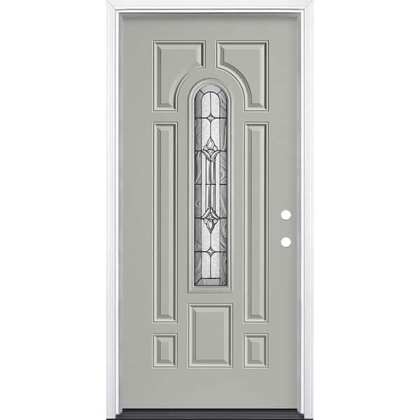 Masonite 36 in. x 80 in. Providence Center Arch Silver Cloud Left Hand Inswing Painted Steel Prehung Front Door with Brickmold