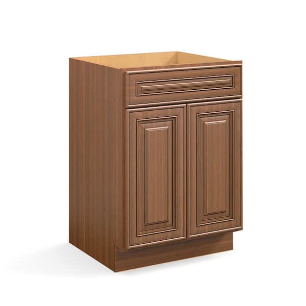24 in. W x 21 in. D x 34.5 in. H Plywood Ready to Assemble Floor Vanity Sink Base Kitchen Cabinet in Cameo Scotch