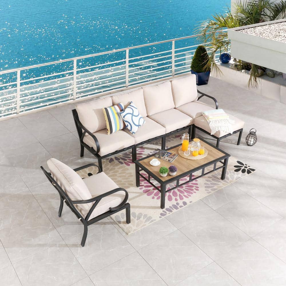 Patio Festival 7-Piece Metal Outdoor Sectional Set with Beige Cushions ...