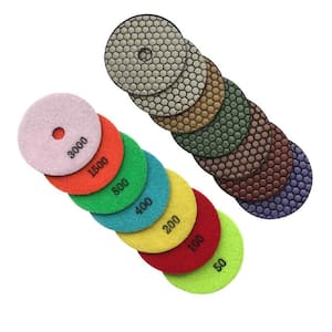 5 in. Dry Diamond Polishing Pad Set for Stone and Concrete, (#50 to #3000 Grit) with Rubber Backing Pad