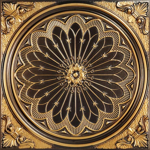 FROM PLAIN TO BEAUTIFUL IN HOURS Rose Window Antique Gold 2 ft. x 2 ft. PVC Glue-up or Lay-in Faux Tin Ceiling Tile