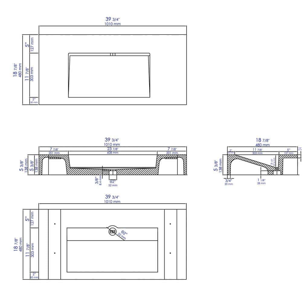 Gray Matte Ceramic Rectangular Wall-Mount Bathroom Sink