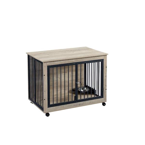 Foobrues Dog Crate Side Table With Rotatable Feeding Bowl, Wheels, 3-Doors for Small to Meduim Dog
