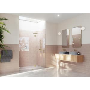 Mimas 30.75 in. W x 78 in. H Glass Hinged Frameless Towel Bar Shower Door in Satin Brass Finish with Clear Glass