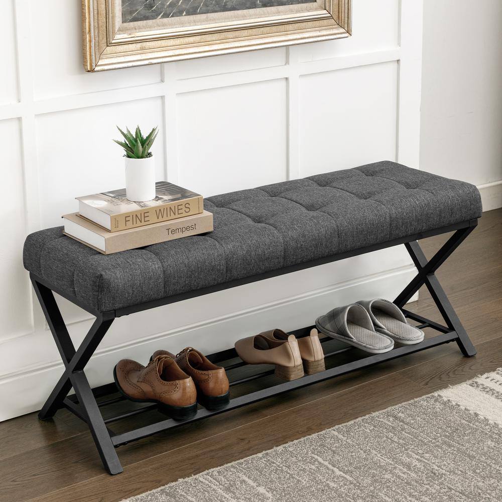 X Legs Gray Fabric Upholstered Bedroom Bench 45 in. W Entryway Bench with Shoe Shelf price history on PriceWatchPro