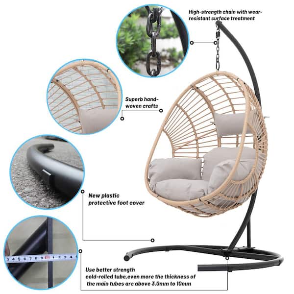 Vuiligheid gebrek Atlas Cesicia 72.83 in. H PE Wicker Outdoor Indoor Natural Color Swing Egg Chair  with Beige Cushion and Black Color Base ECNL3271 - The Home Depot