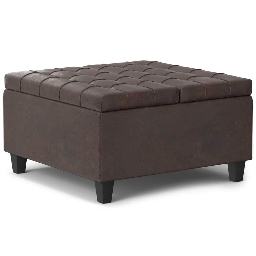 Harrison Distressed Brown Tufted Vegan Leather Storage Ottoman