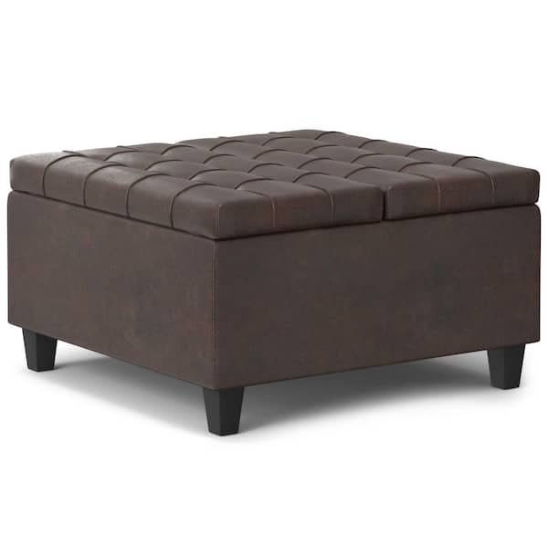 Simpli Home Harrison 30 in. Square Small Coffee Table Storage Ottoman in Distressed Brown Vegan Faux Leather, Assembled