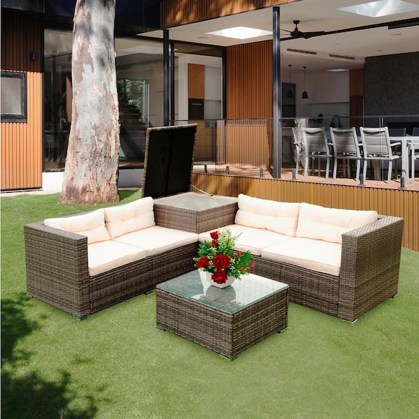 Harper & Bright Designs Convertible 4-Piece PE Rattan Wicker Outdoor Sectional Set with Beige Cushions