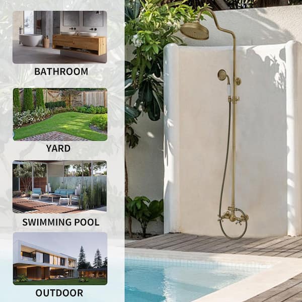 2-Spray Wall Slid Bar Round Rain Shower Faucet with Hand Shower 2 Cross Handles Mixer Shower System Taps in Antiqued