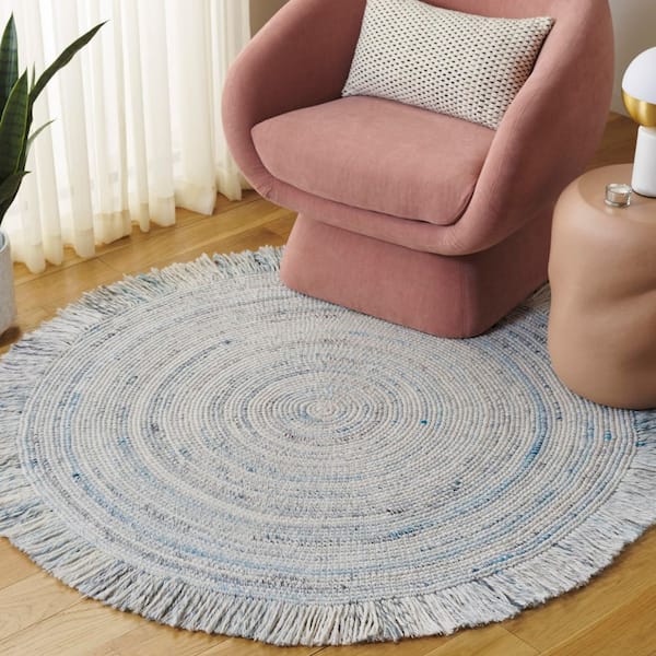 Renewal 3 ft. x 3 ft. Ivory/Light Blue Woven Fringe Round Area Rug