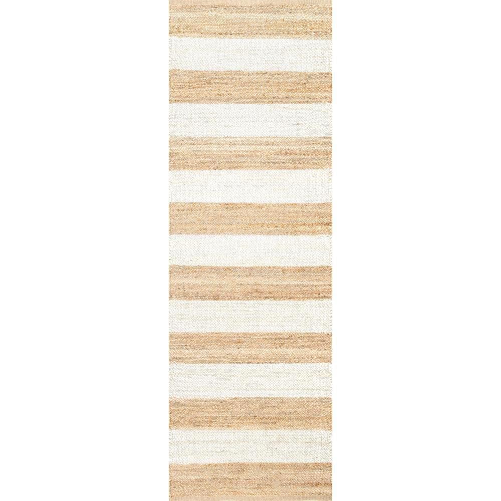 Handwoven Off-White and Stripe Jute Runner Rug, 2'6" x 6'