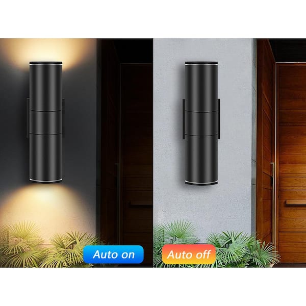 Black Dusk to Dawn Outdoor Hardwired Cylinder Wall Lantern Sconce with Integrated LED Up Down Lights (4-Pack)