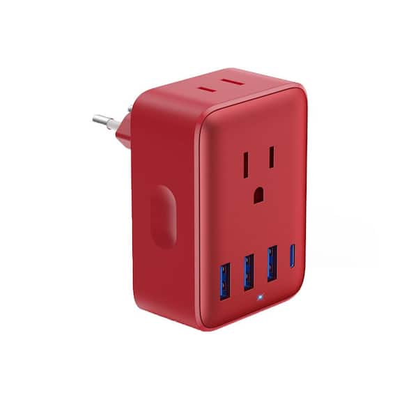 10 Amp. European Travel Plug 6-in-1 Type C 45-Watt Power Adapter USB-C with 2 AC Outlets, 1 USB-C and 3 USB-A Port-Red