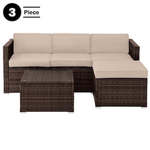 3-Piece Rattan Patio Furniture Set with Sectional and Table, Brown